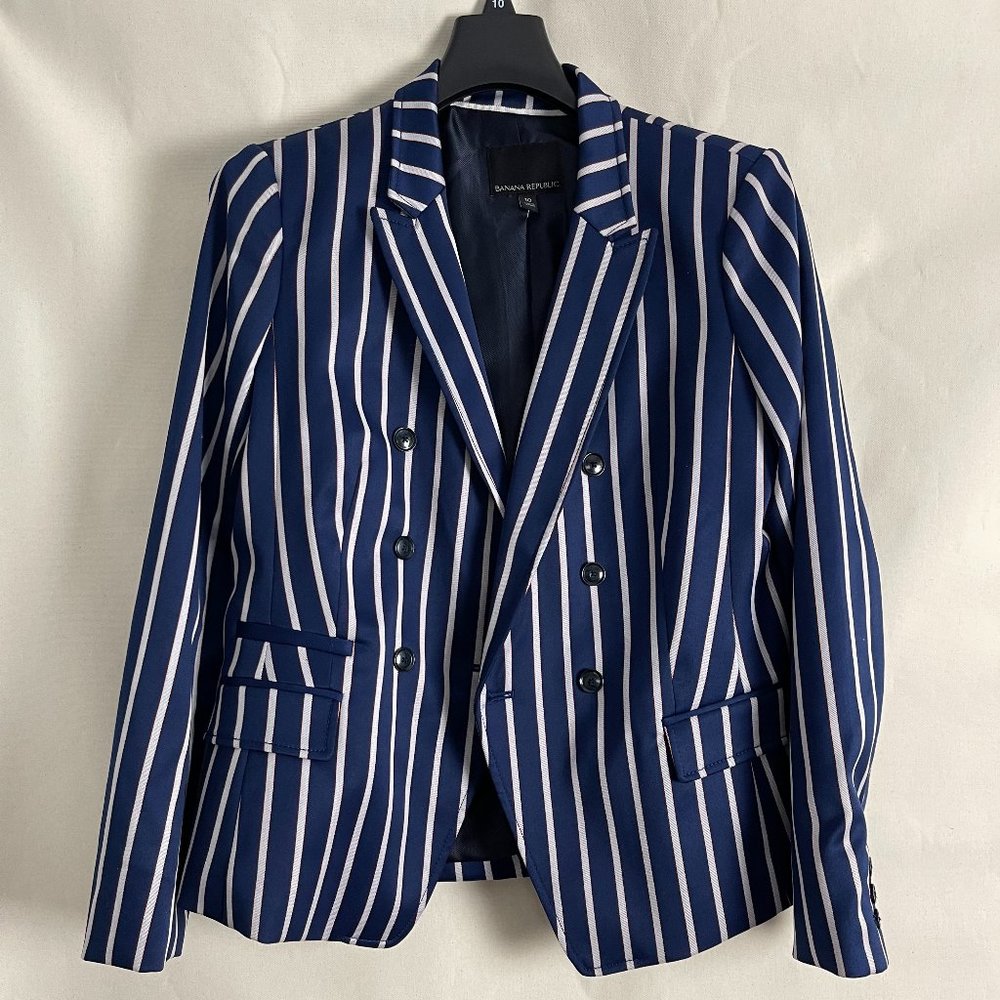 Banana republic sleek striped satin blazer in navy white and neon orange size 10